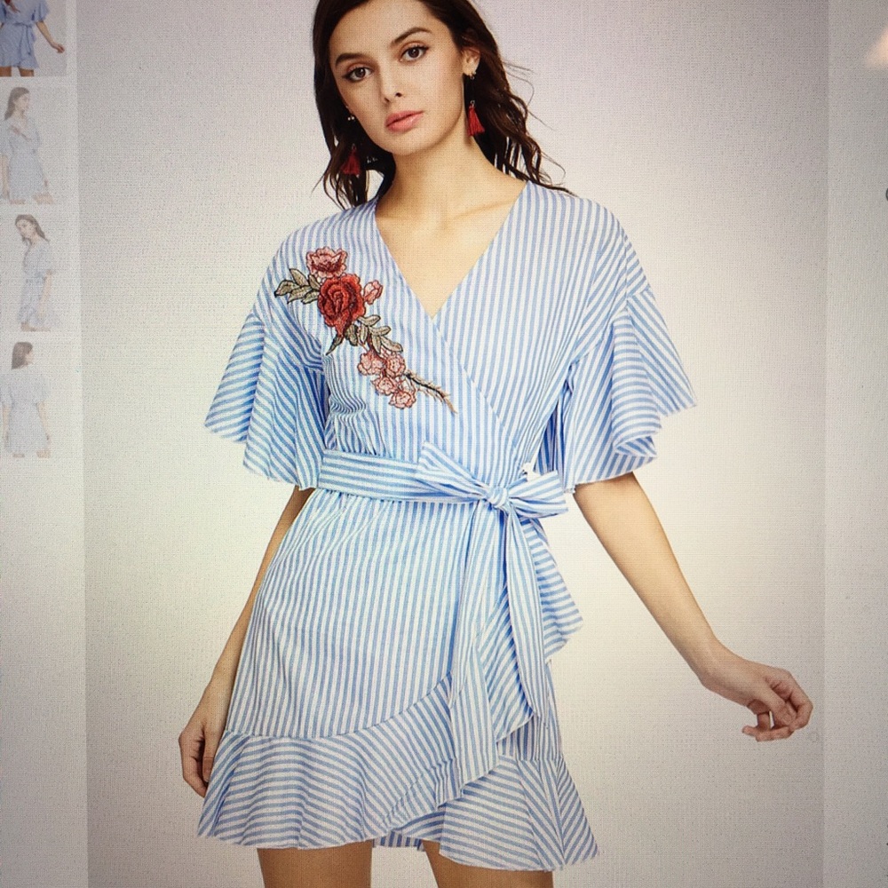 Striped embroidered rose patch belted dress